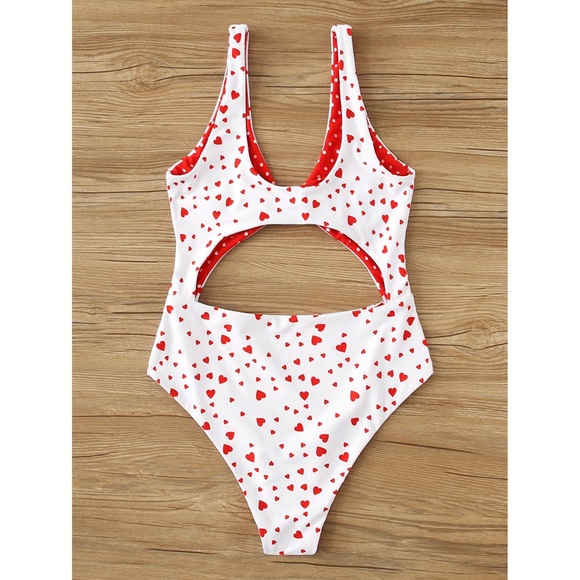 White Heart Print Cut Out Knot One Piece Swimsuit - Picture 2 of 6